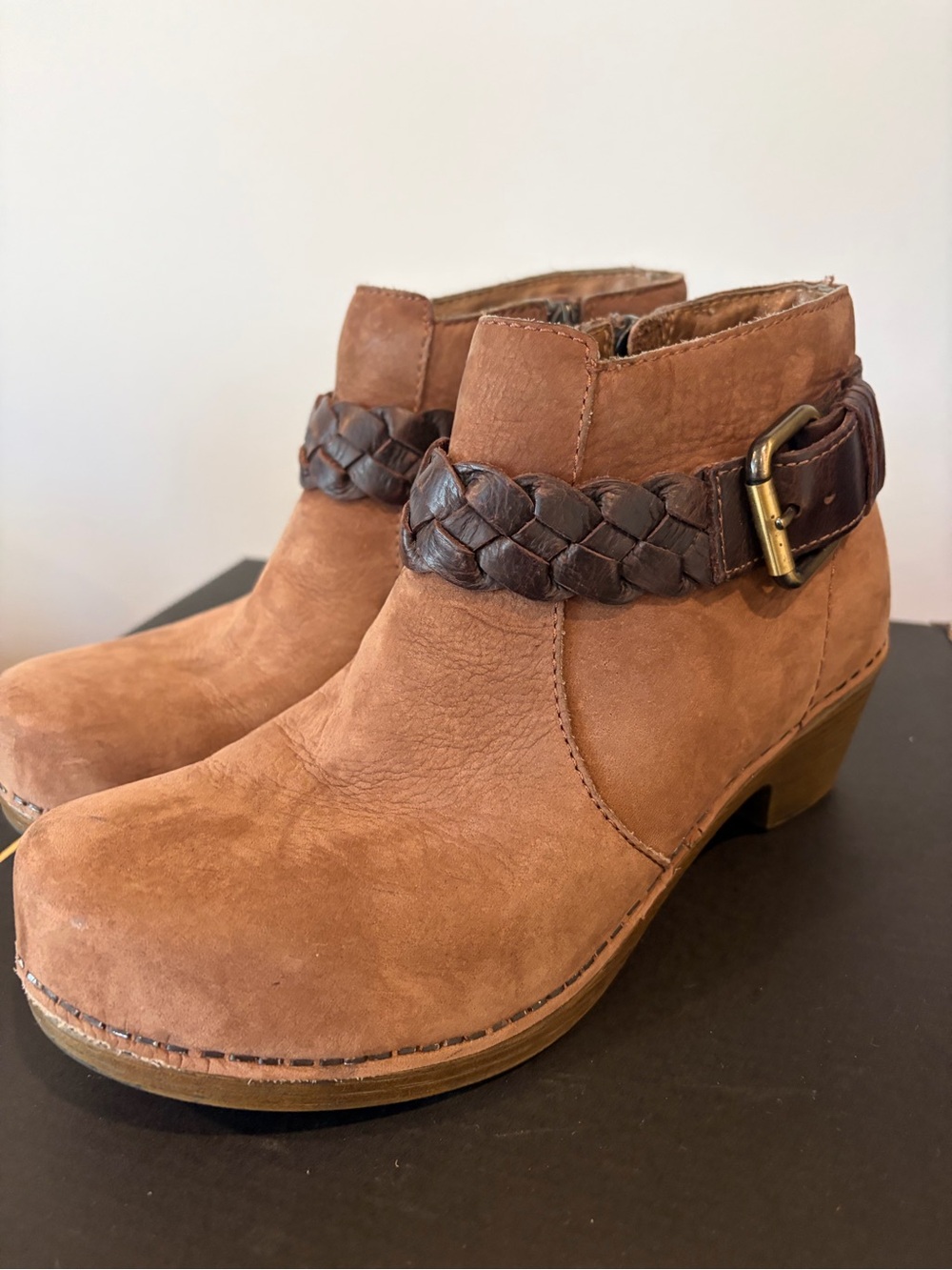 Dansko Tan Suede Ankle Booties with Braided Brown Strap